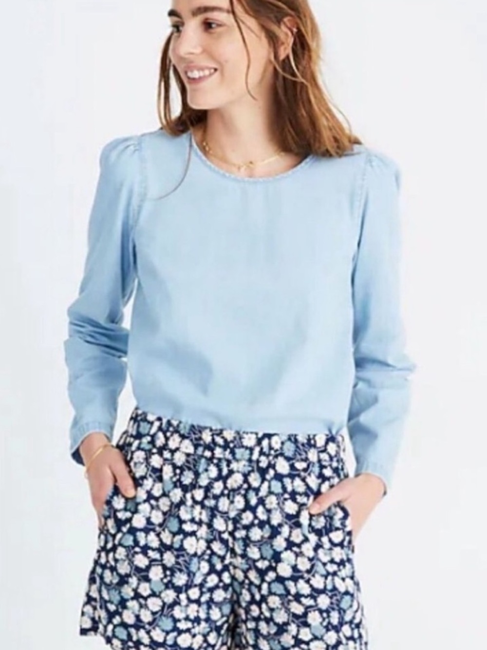 Madewell | K8912 Chambray Long Puff Sleeve Tie Back Swing Shirt | XS